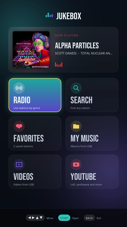 Main menu with the Now Playing card and Radio, Search, Favorites, My Music, Videos and YouTube tiles