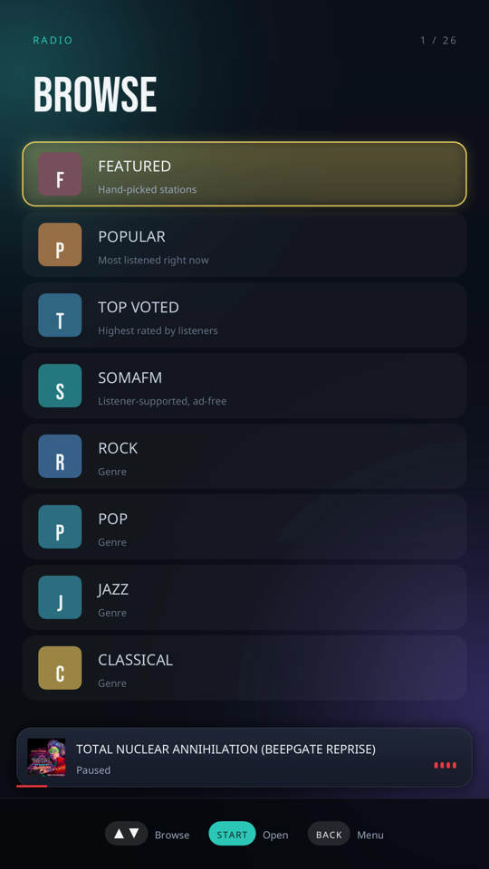 Radio category list with the mini player
