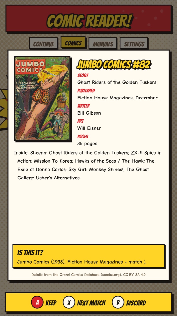 A book looked up in the Grand Comics Database: story, date, writer and artist