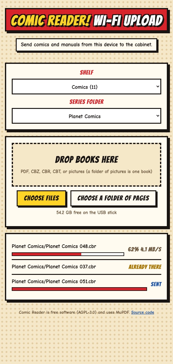 The Wi-Fi upload page on a phone