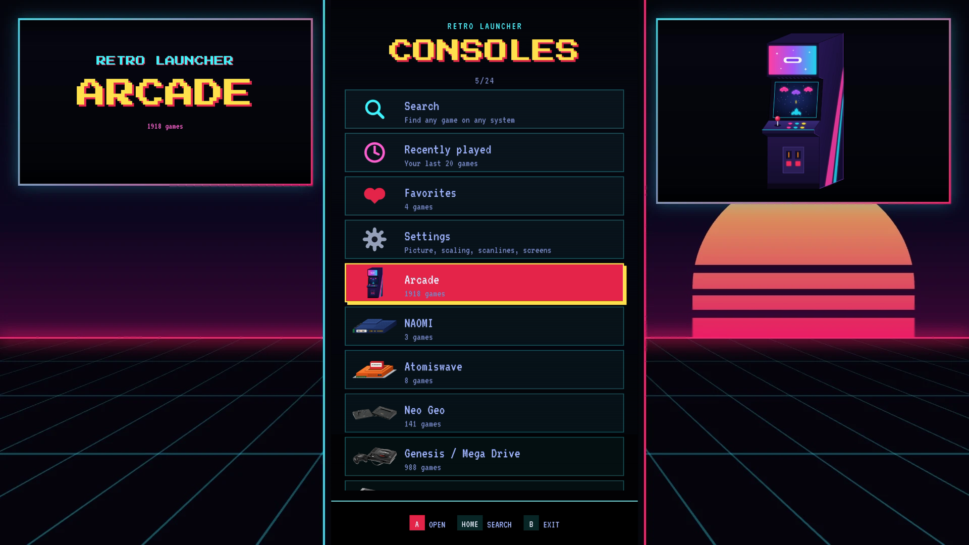 The same Consoles screen in the Attract theme: pixel type, square boxes with hard shadows, and Arcade highlighted in red with a yellow shadow