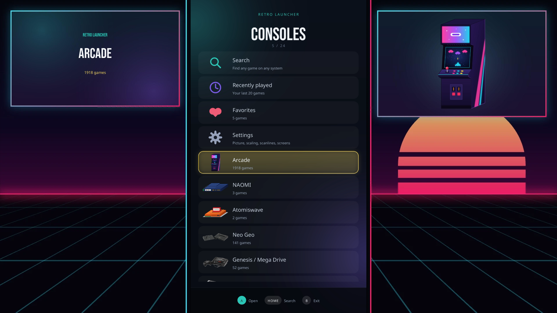 Retro Launcher on a cabinet: the Consoles list on the playfield with Arcade highlighted, the system's name and game count on one side, and its arcade-cabinet art over a neon sunset on the other